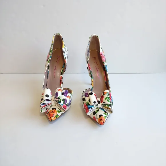 🌸 BETSEY JOHNSON Floral & Polka Dot Pointed Toe Bow Heels Size 7.5 - Picture 4 of 11